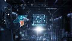 Software Development: Businessman controls and monitors software development technology system on digital screen. Agile methodology, debugging, code optimization, collaboration tools, version control