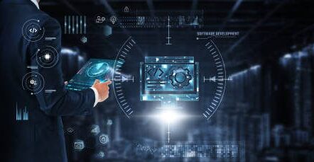 Software Development: Businessman controls and monitors software development technology system on digital screen. Agile methodology, debugging, code optimization, collaboration tools, version control